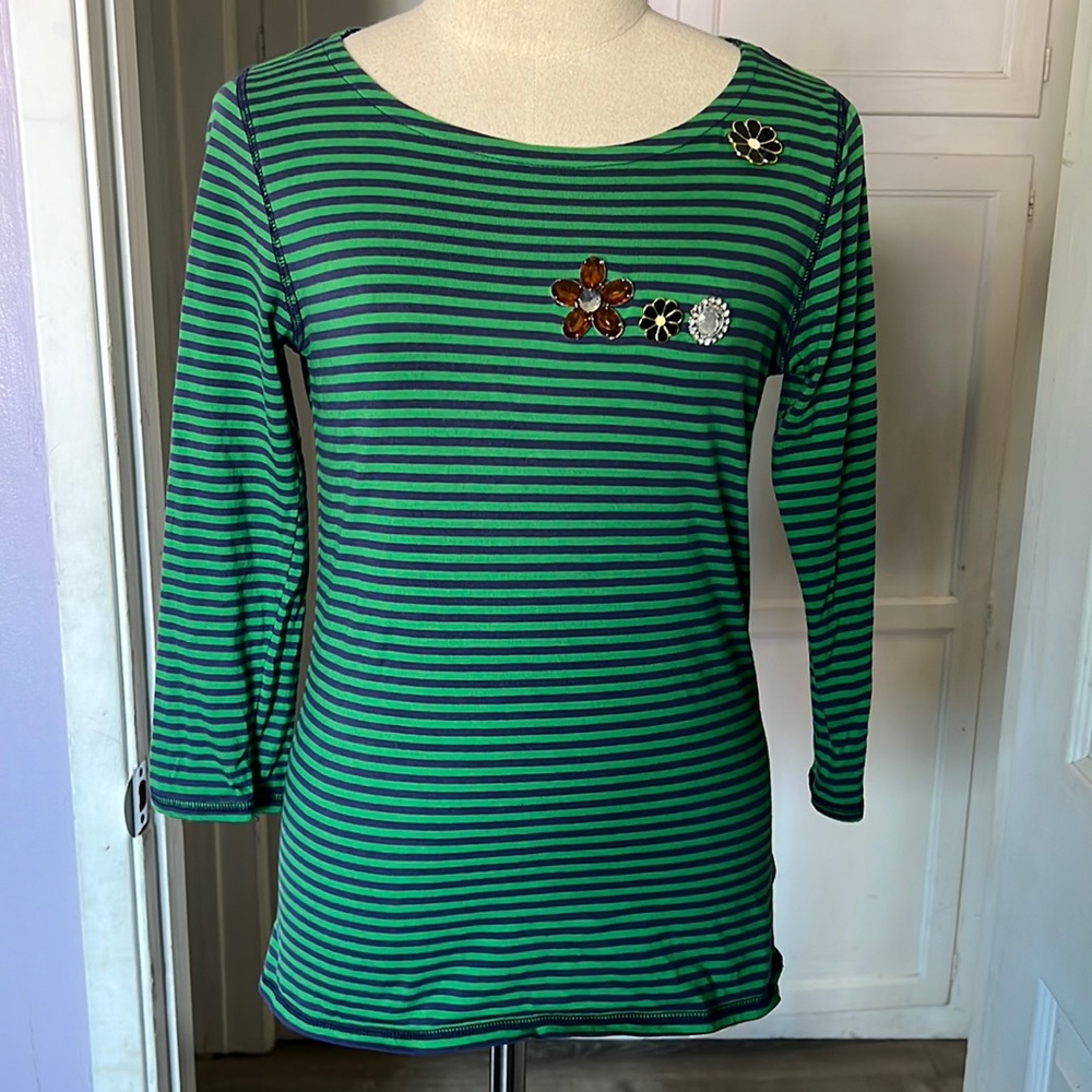 Isaac Mizrahi Live! Green & blue striped long sleeve top.